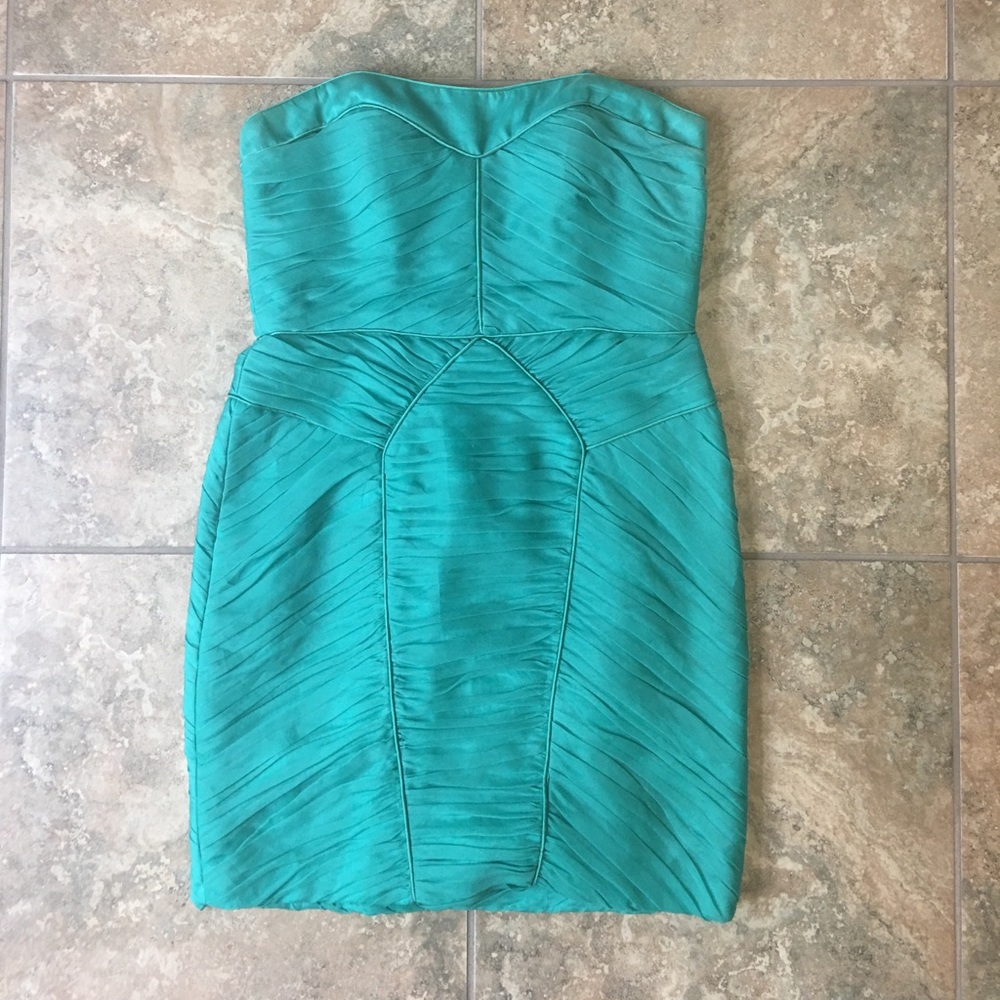 Theia teal strapless dress